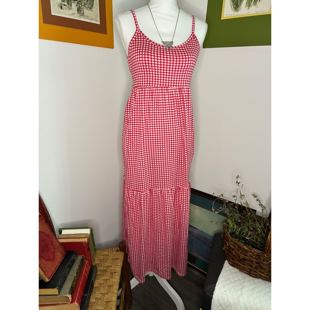 Womens Small Red White Gingham Tiered Midi Dress Sleeveless Spaghetti Strap